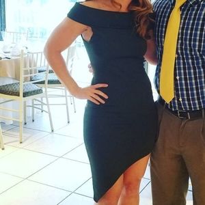 Off shoulder, asymmetrical green dress